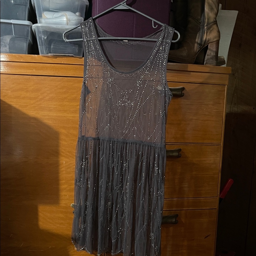 Free People XS/S Elegant Gray Sleeveless Sheer Beaded Mini Dress